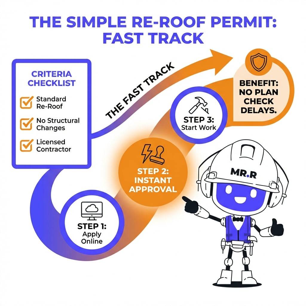 A flowchart explains that standard re-roofing projects in San Jose qualify for instant online permit approval through the Simple Projects portal to avoid construction delays.